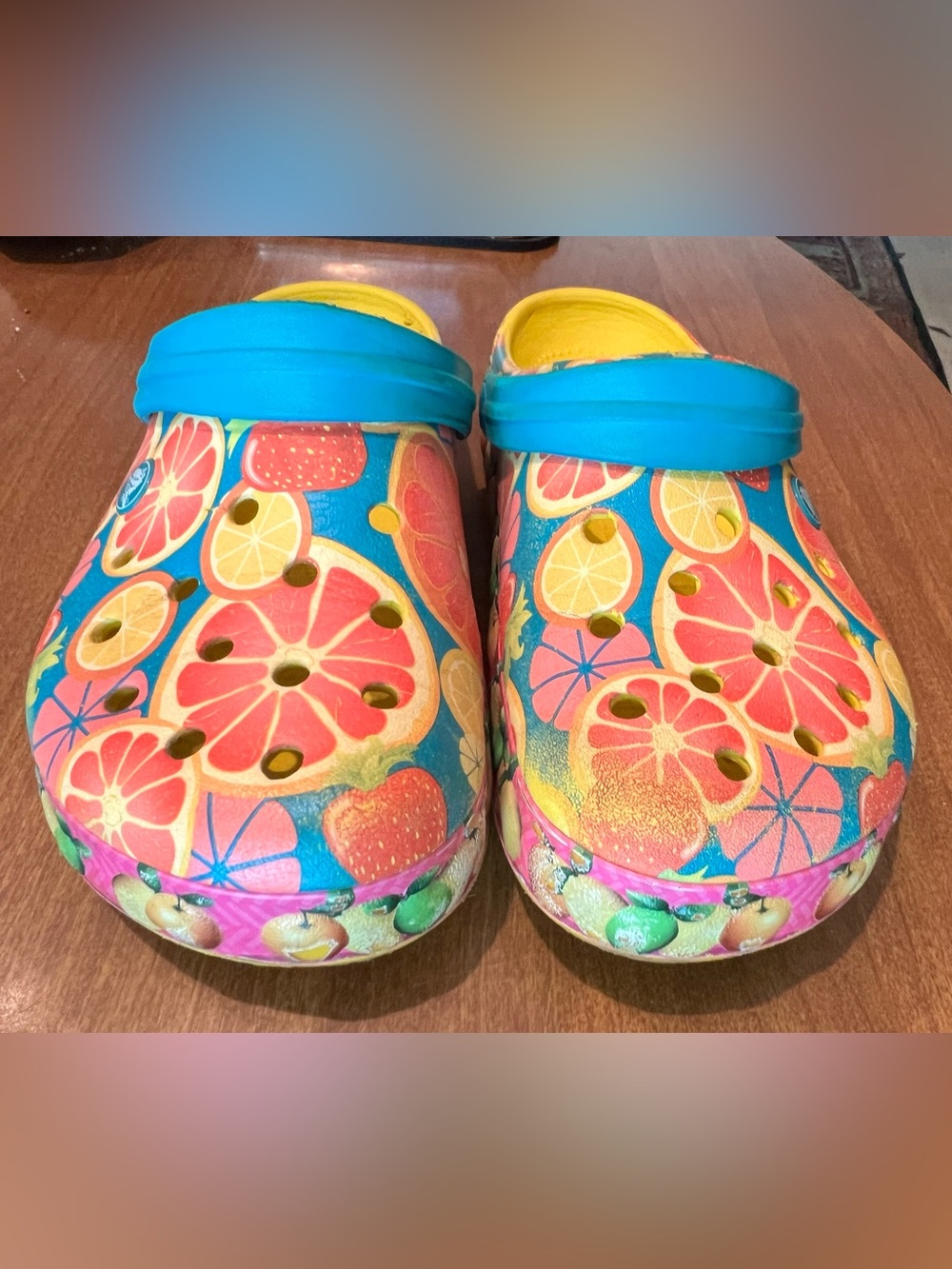 CROCS Fruit Print Clogs - Blue, Pink & Yellow